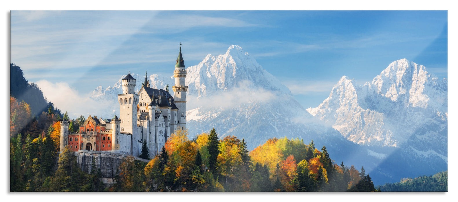 Pixxprint Schloss Neuschwanstein Herbst, Glasbild Panorama