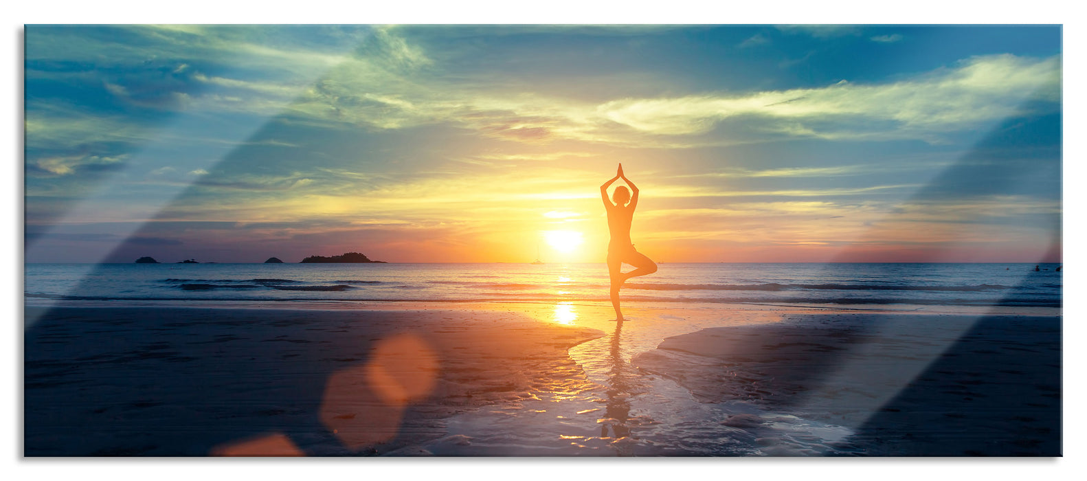 Pixxprint Yoga Silhouette am Strand, Glasbild Panorama