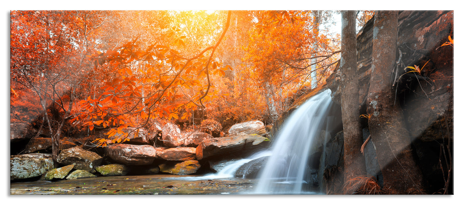 Pixxprint Wasserfall im Wald, Glasbild Panorama