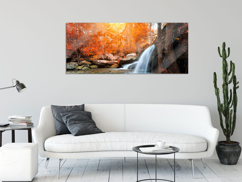 Wasserfall im Wald, Glasbild Panorama