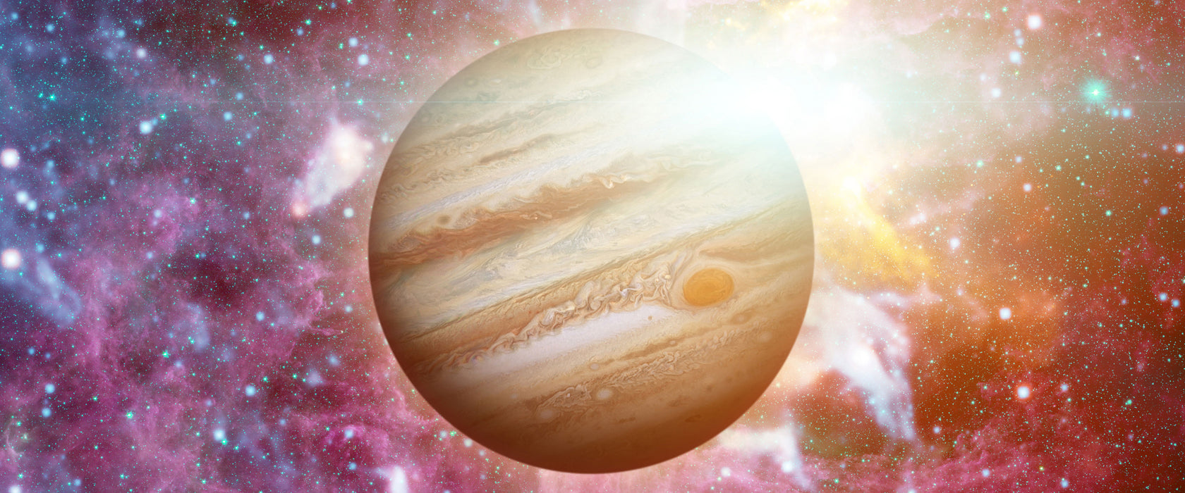 Planet Jupiter im Universum, Glasbild Panorama