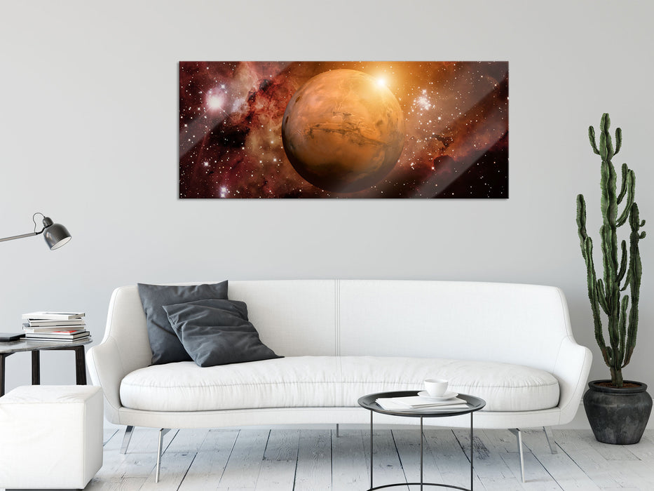 Planet Mars im Universum, Glasbild Panorama