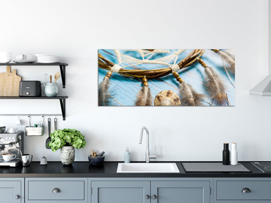 Traumfänger mit Federn, Glasbild Panorama