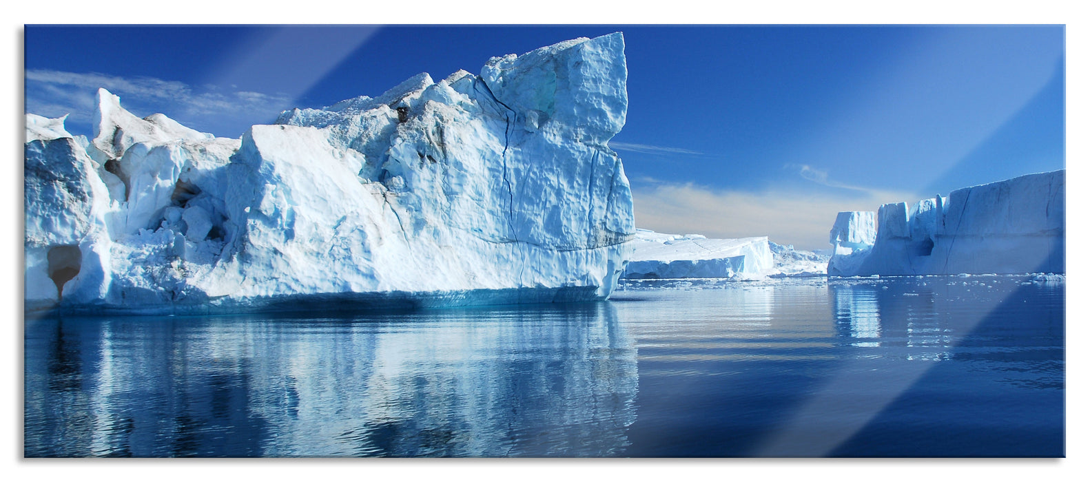 Pixxprint Eisberge Diskobucht Grönland, Glasbild Panorama