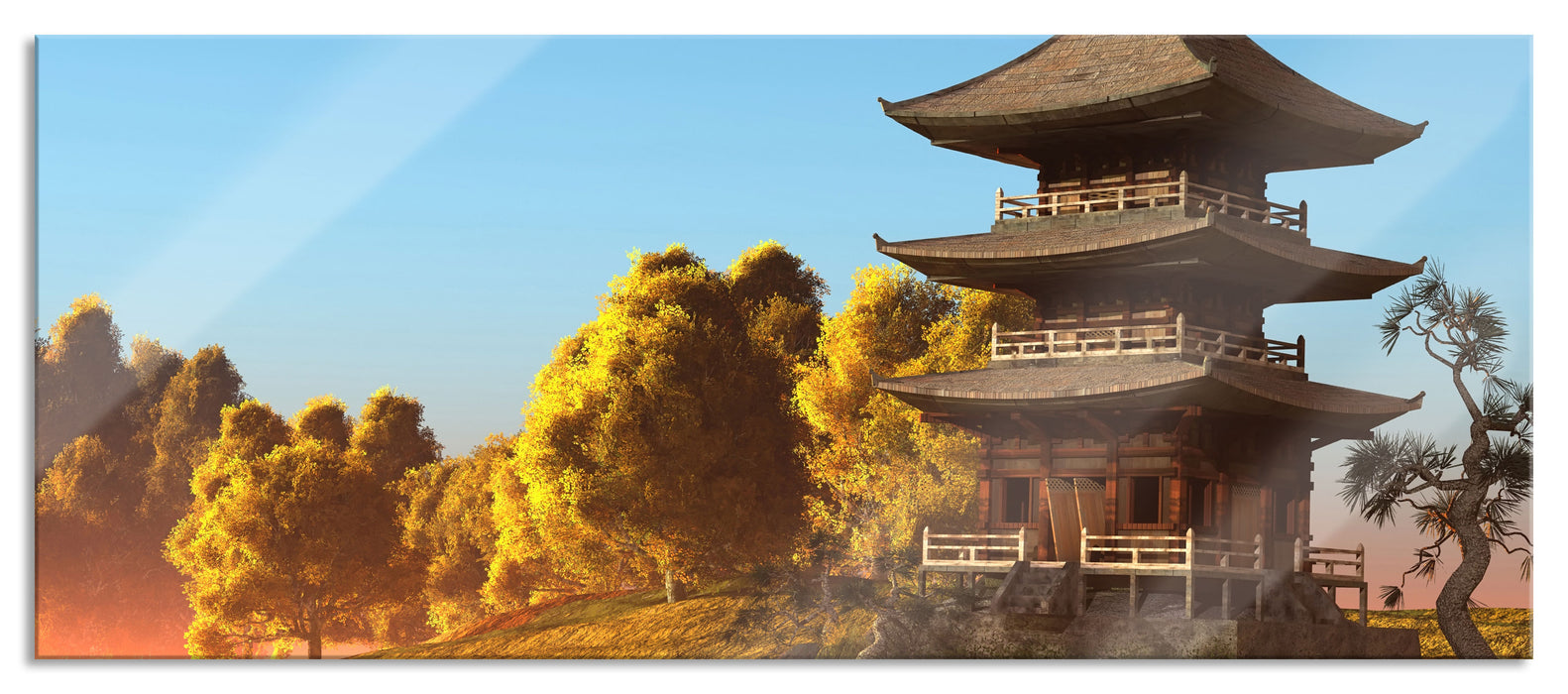 Pixxprint asiatischer Tempel an See, Glasbild Panorama