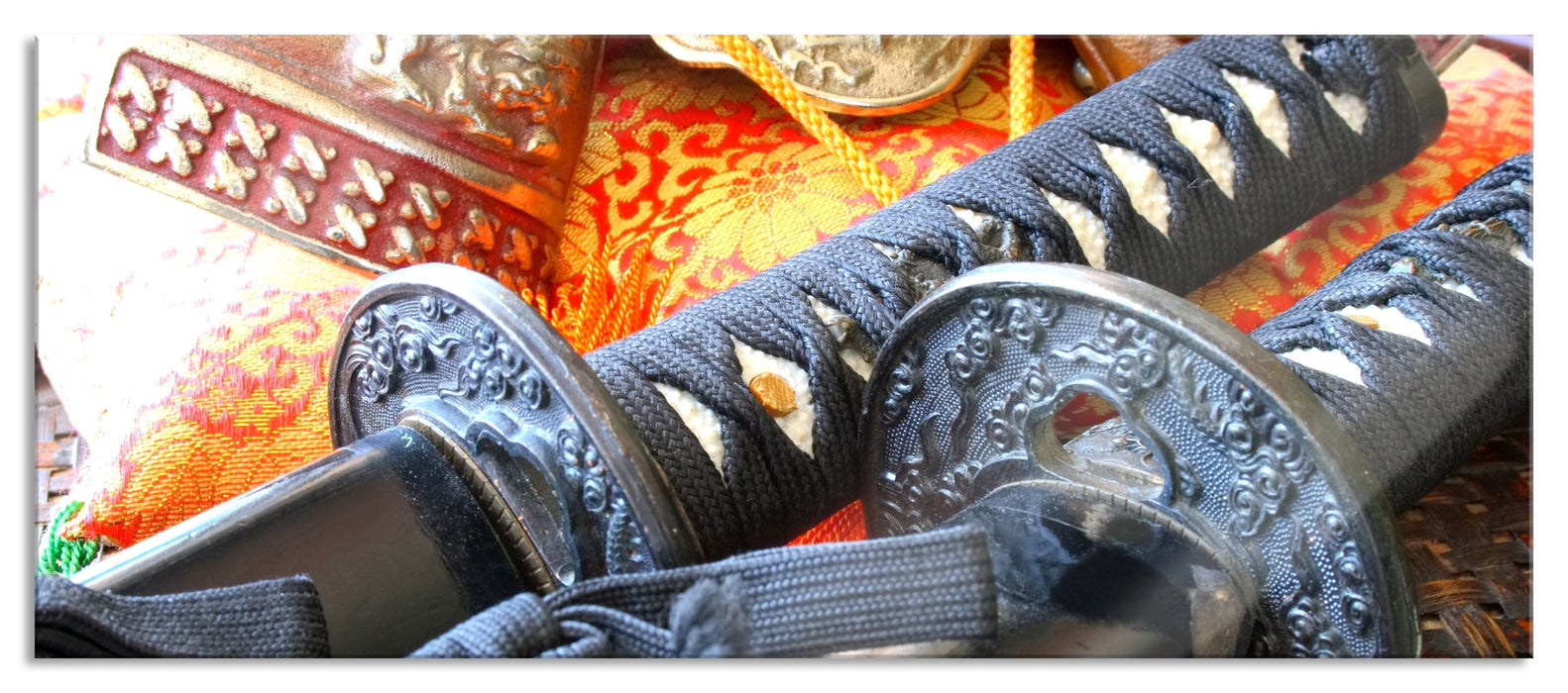 Pixxprint edle Samurai-Schwerter, Glasbild Panorama