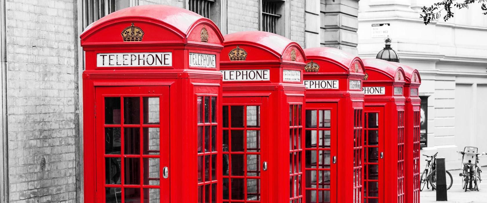 rote Londoner Telefonzellen, Glasbild Panorama