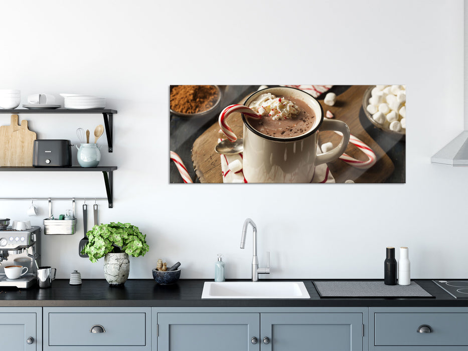 Schokolade mit Zuckerstange, Glasbild Panorama