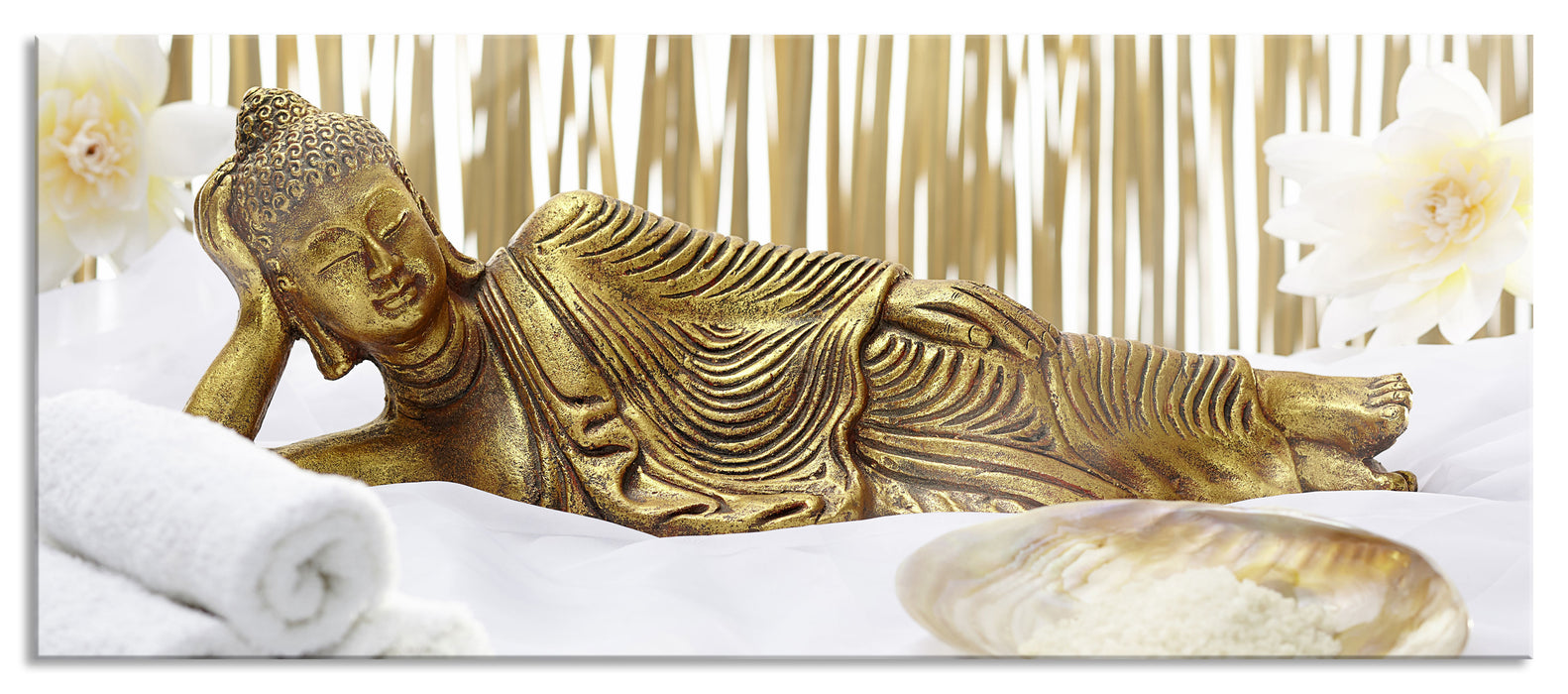 Pixxprint goldener Buddha auf Handtuch, Glasbild Panorama