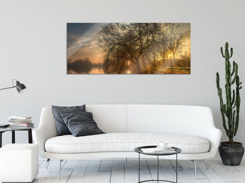 Landschaft im Morgengrauen, Glasbild Panorama