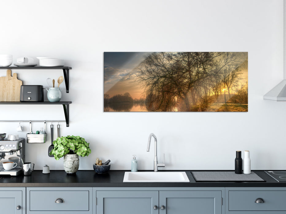 Landschaft im Morgengrauen, Glasbild Panorama