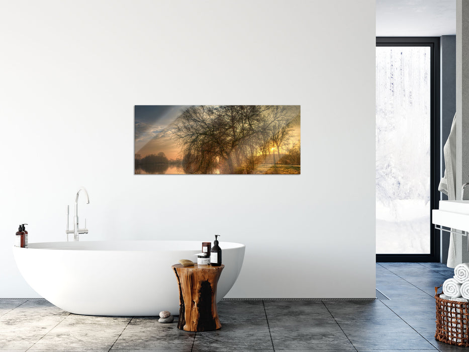 Landschaft im Morgengrauen, Glasbild Panorama