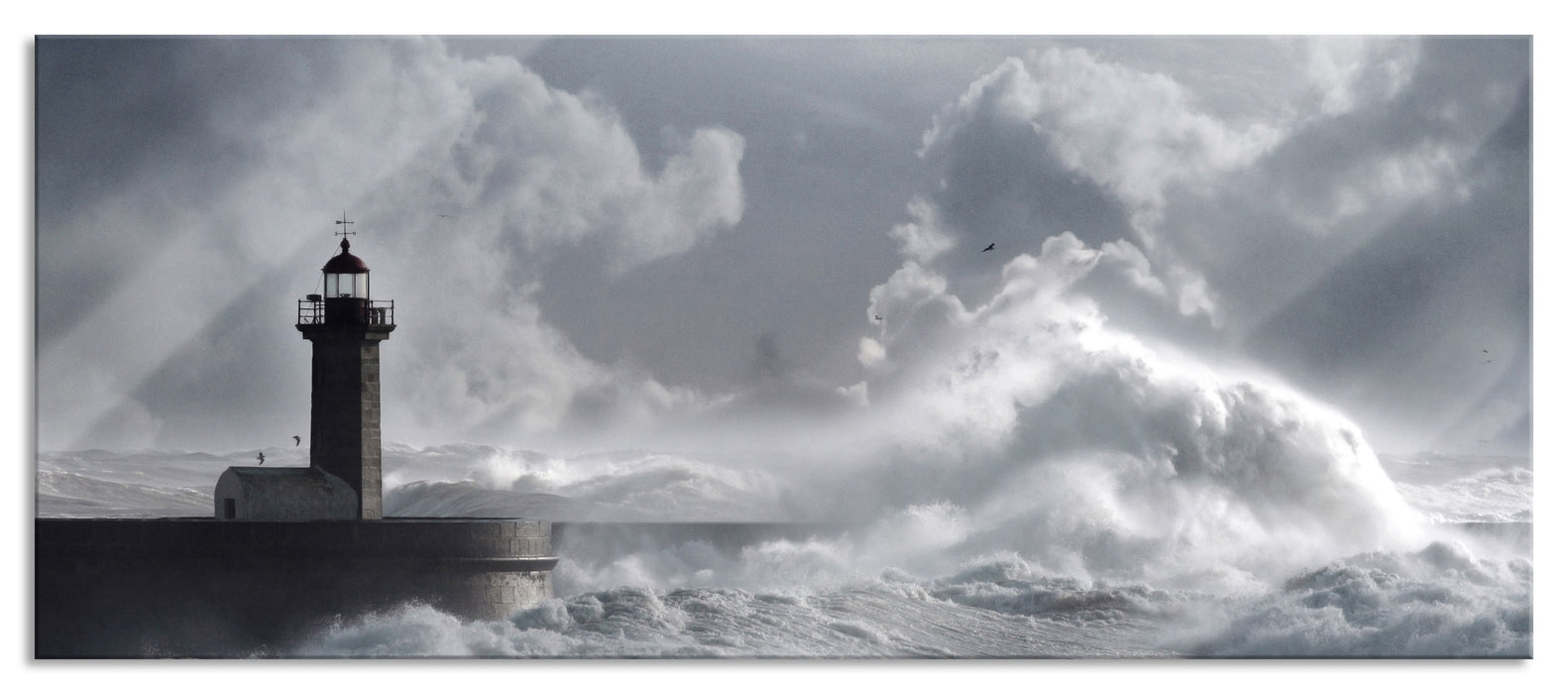 Pixxprint Sturmwellen Leuchtturm Portugal, Glasbild Panorama