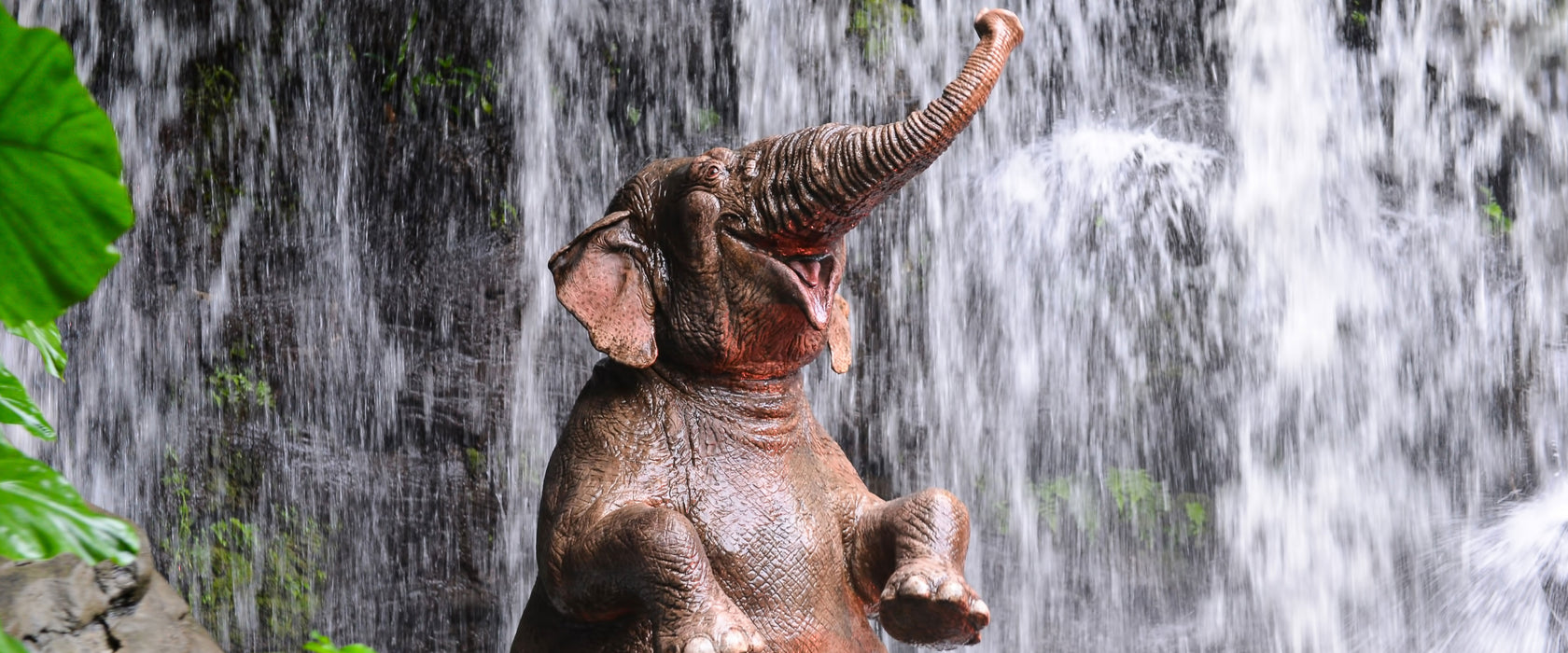 Babyelefant am Wasserfall, Glasbild Panorama