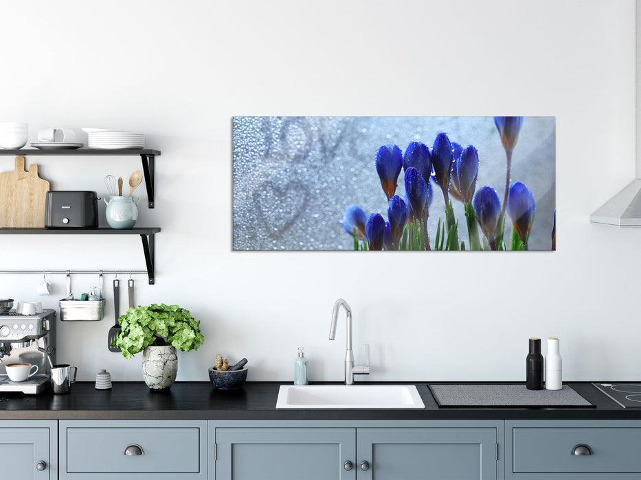 Frühlingsblumen Tropfen, Glasbild Panorama