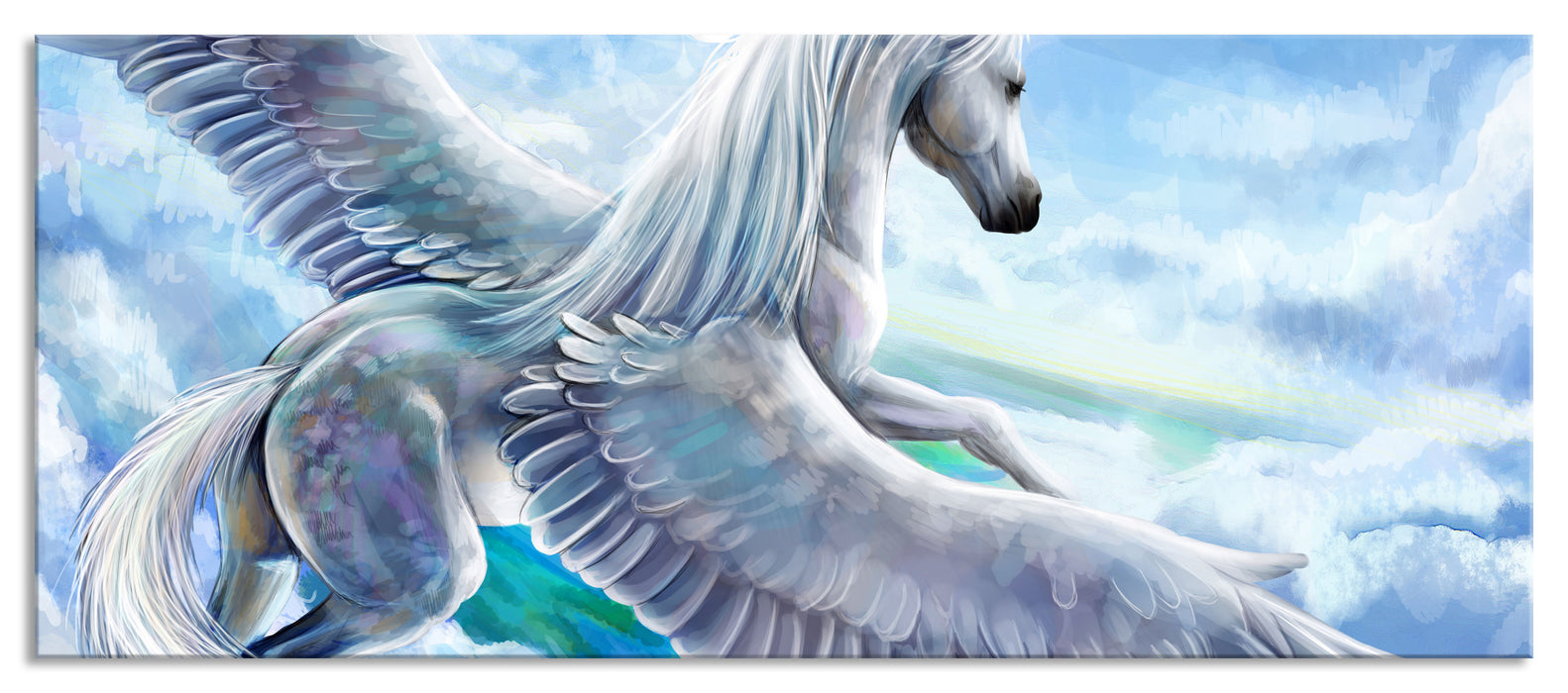 Pixxprint Pegasus fliegt über den Wolken, Glasbild Panorama