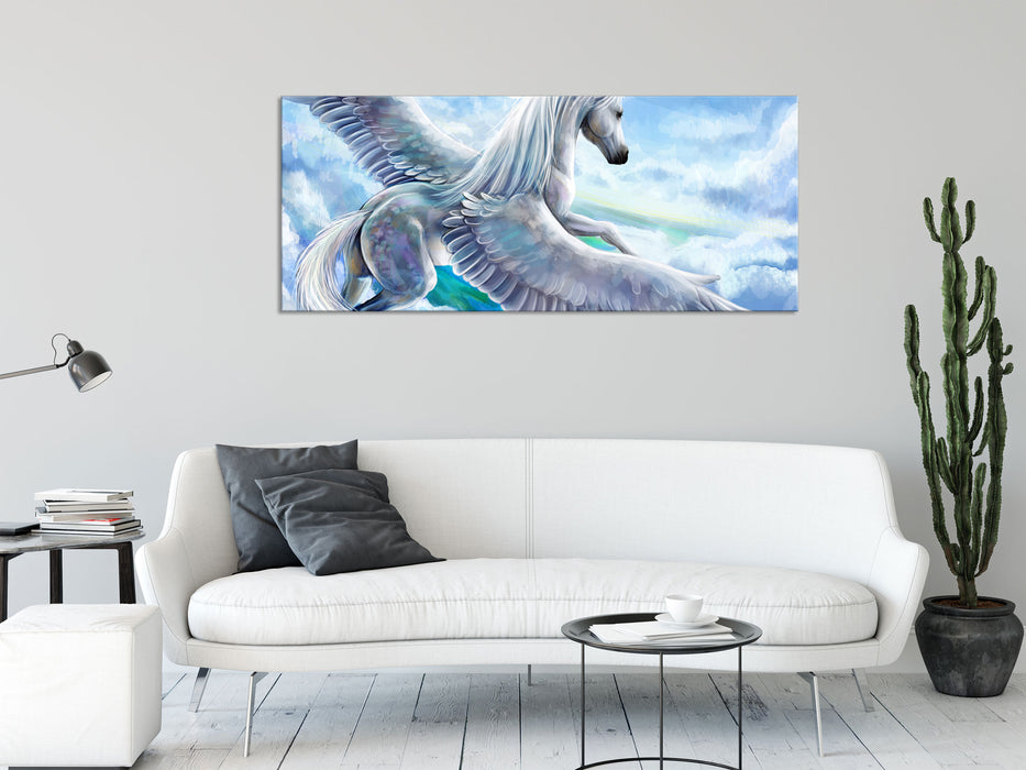 Pegasus fliegt über den Wolken, Glasbild Panorama