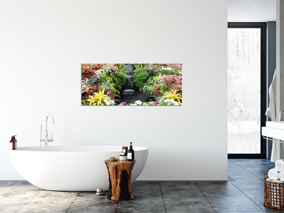 farbenfrohe Blumenoase, Glasbild Panorama