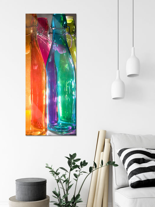 bunte Glasflaschen, Glasbild Panorama