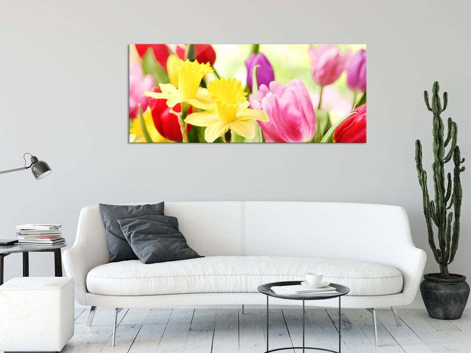 Osterglocken und Tulpen, Glasbild Panorama