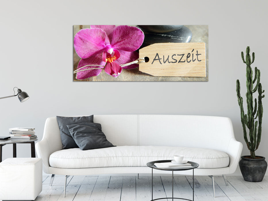 Auszeit Orchidee mit Zen Steinen, Glasbild Panorama