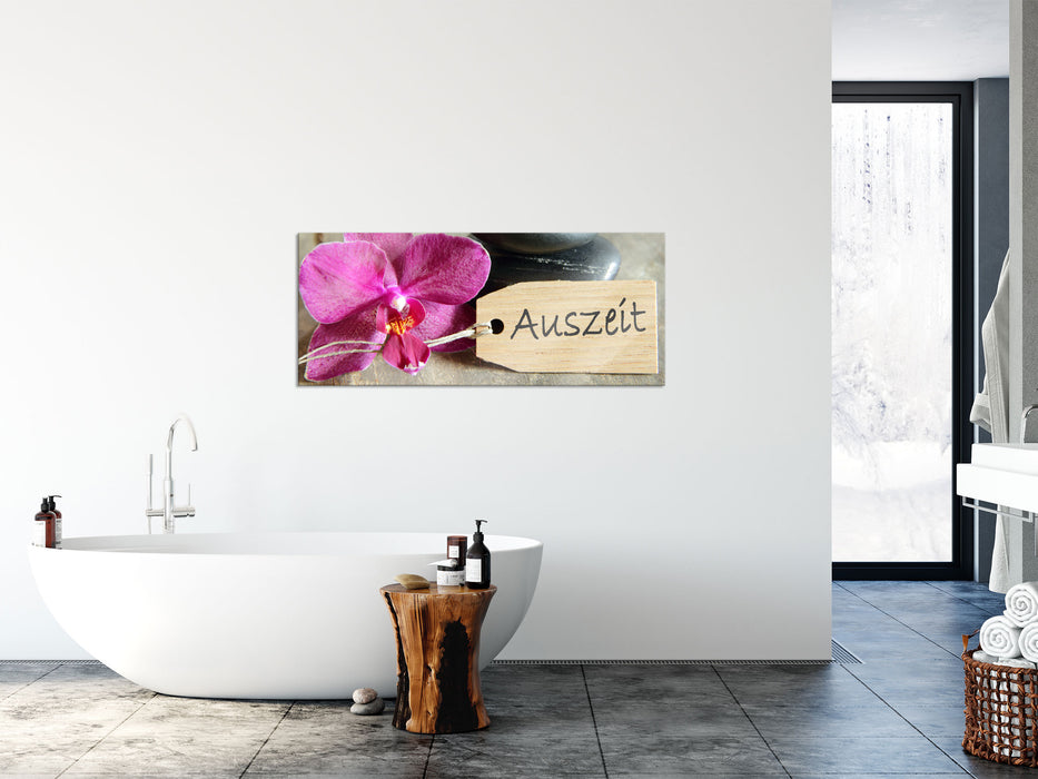 Auszeit Orchidee mit Zen Steinen, Glasbild Panorama