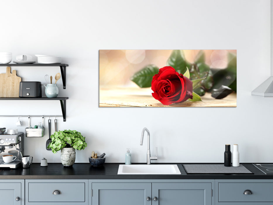 Rose auf Holztisch, Glasbild Panorama