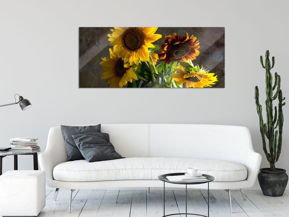 Sonnenblumen in edler Vase, Glasbild Panorama