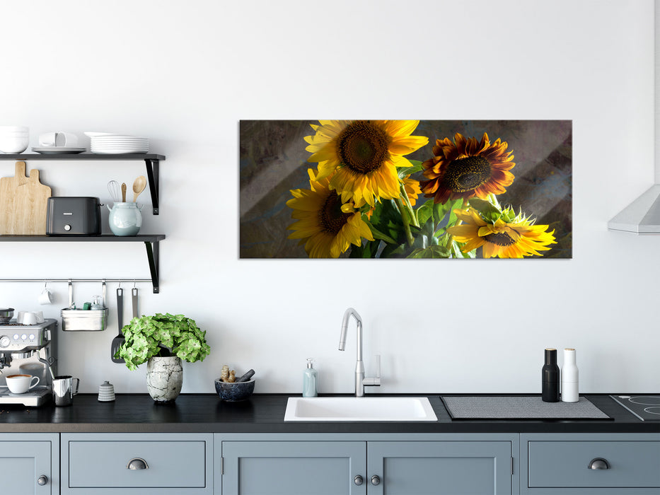 Sonnenblumen in edler Vase, Glasbild Panorama