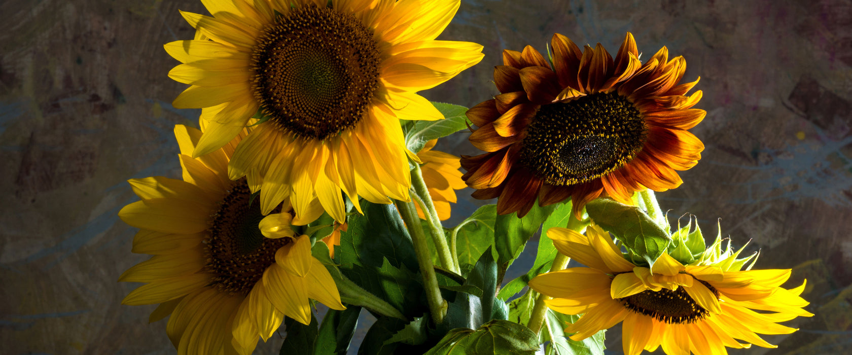 Sonnenblumen in edler Vase, Glasbild Panorama