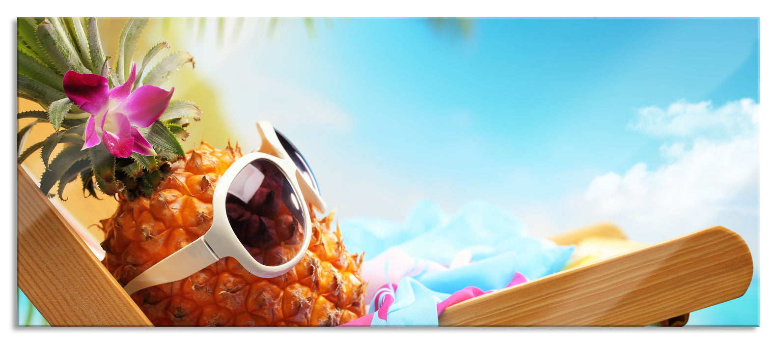 Pixxprint Ananas macht Urlaub, Glasbild Panorama