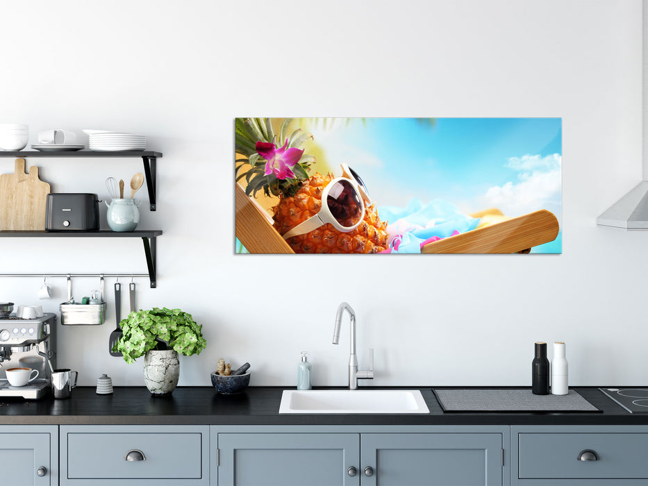 Ananas macht Urlaub, Glasbild Panorama