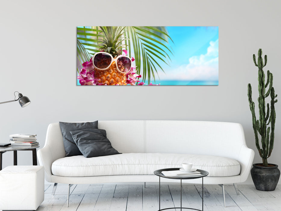 Ananas mit Sonnenbrille, Glasbild Panorama