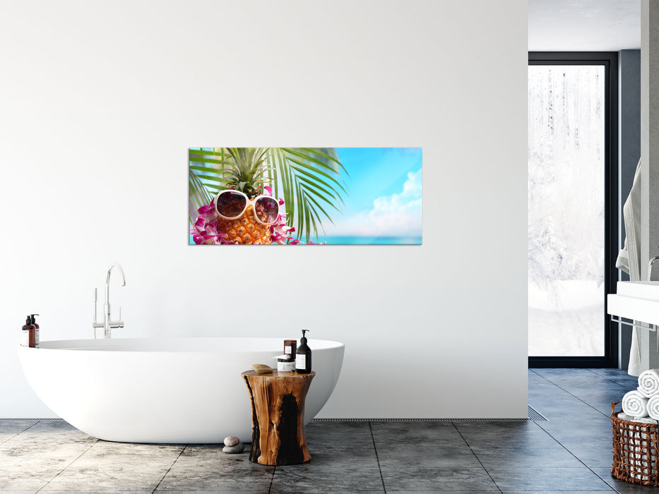 Ananas mit Sonnenbrille, Glasbild Panorama