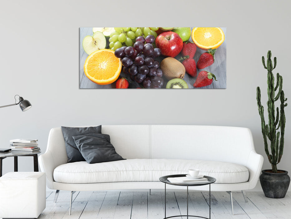 Obstmischung auf Holztisch, Glasbild Panorama