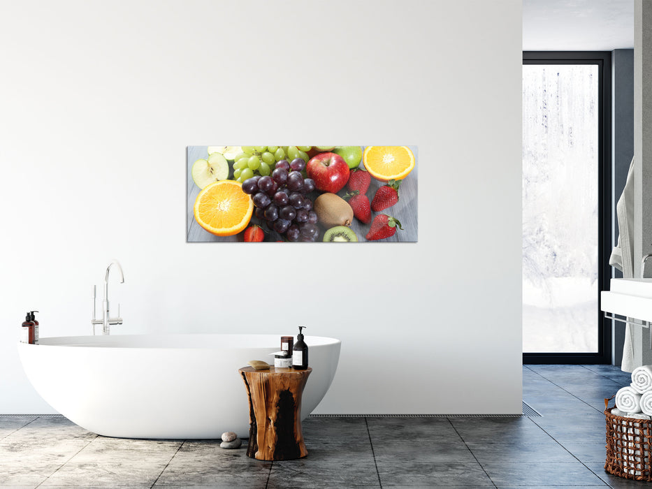 Obstmischung auf Holztisch, Glasbild Panorama