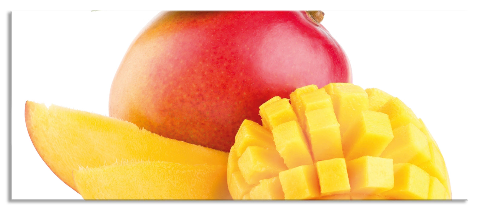 Pixxprint Zuckersüße aufgeschnittene Mango, Glasbild Panorama