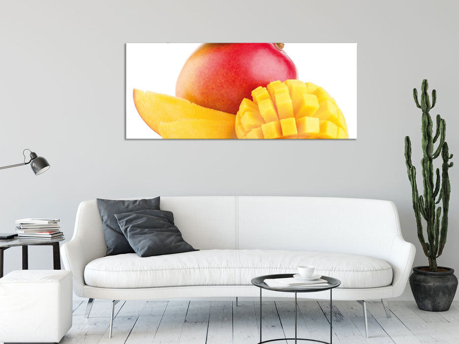 Zuckersüße aufgeschnittene Mango, Glasbild Panorama