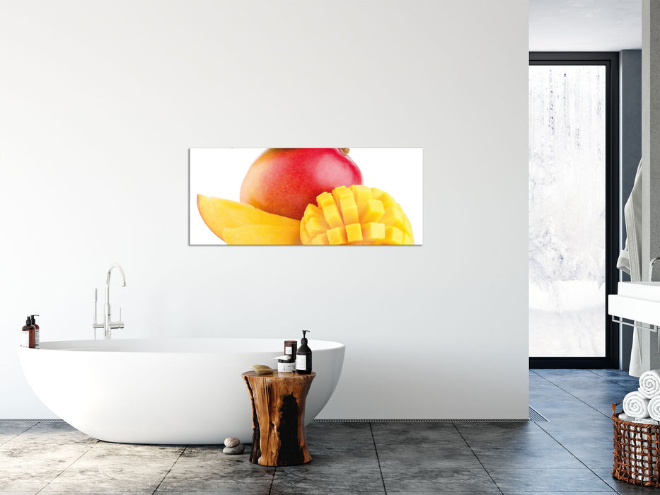 Zuckersüße aufgeschnittene Mango, Glasbild Panorama