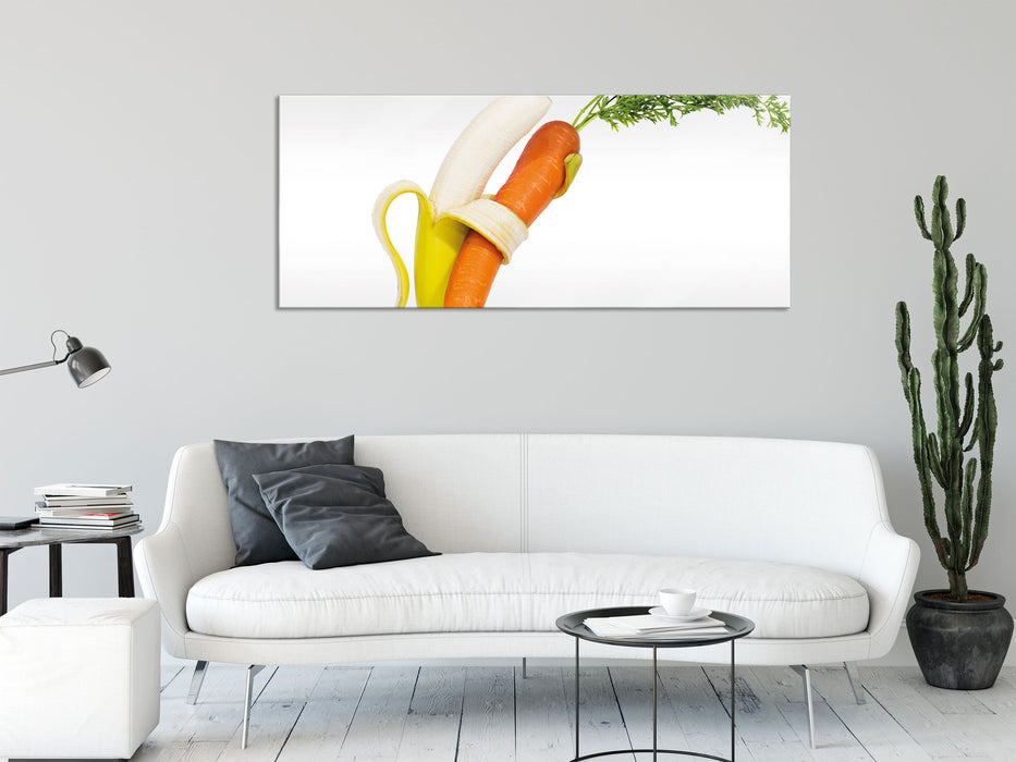 Tanz von Banane und Mohrrübe, Glasbild Panorama