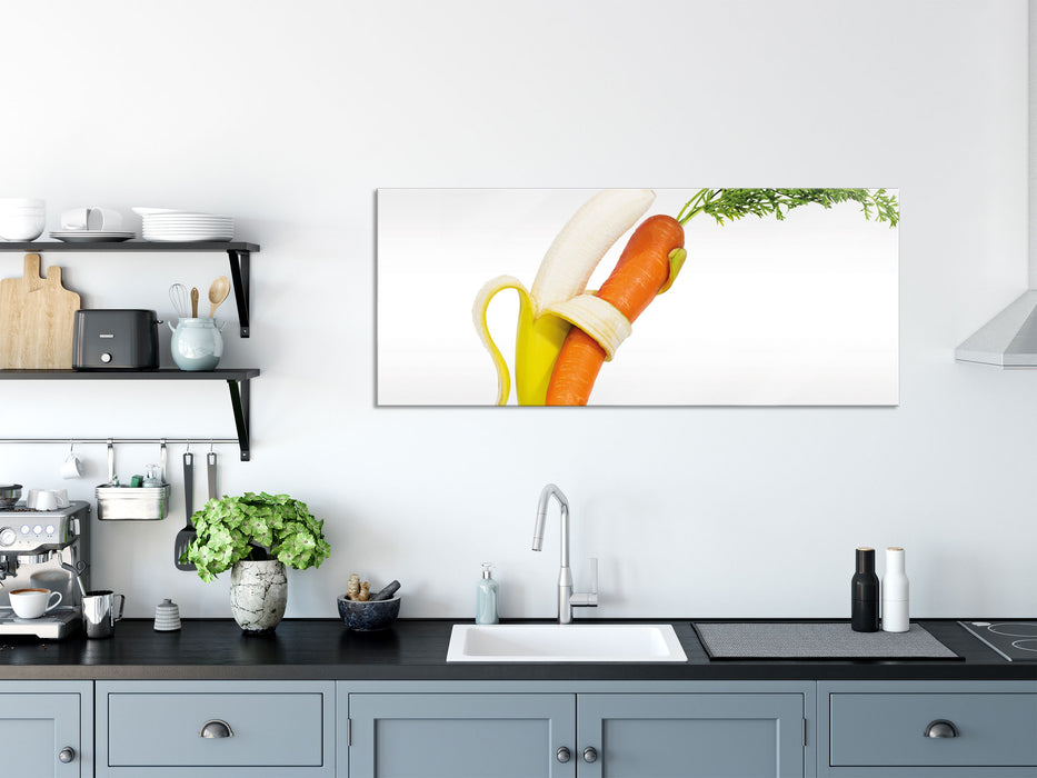Tanz von Banane und Mohrrübe, Glasbild Panorama