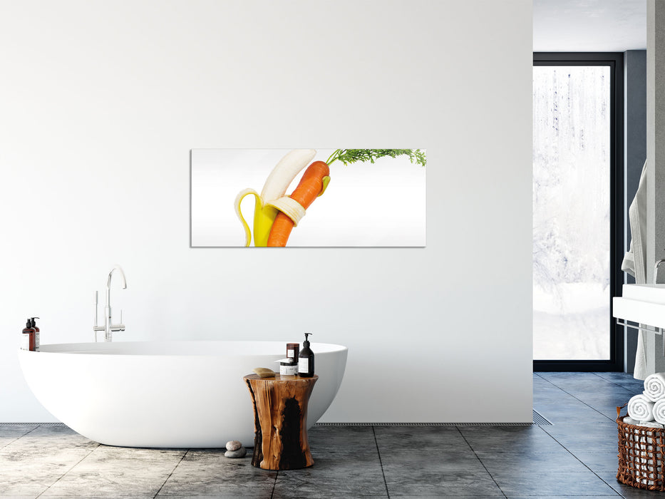 Tanz von Banane und Mohrrübe, Glasbild Panorama