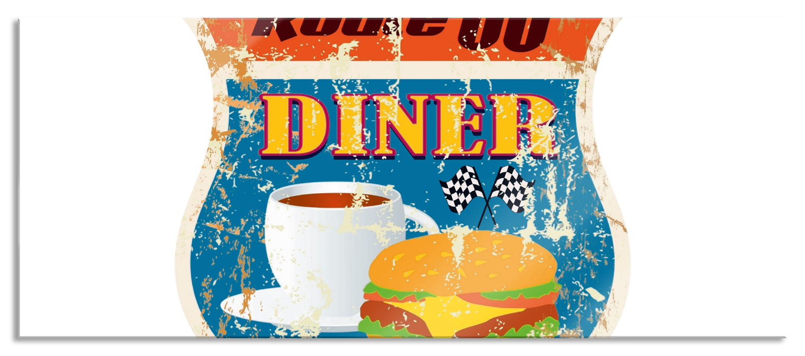 Pixxprint Altes Route 66 Schild Diner, Glasbild Panorama