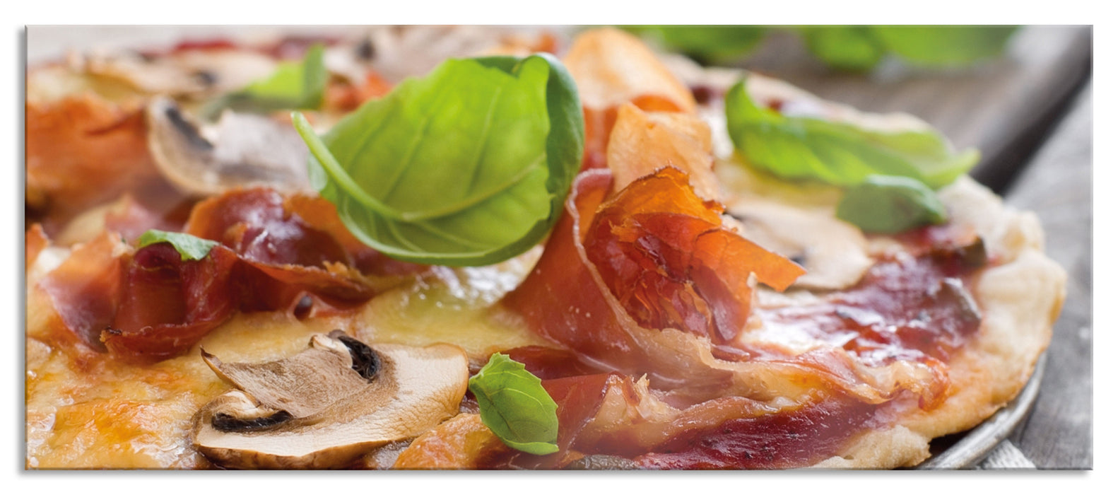 Pixxprint Pizza mit Schinken und Pilzen, Glasbild Panorama