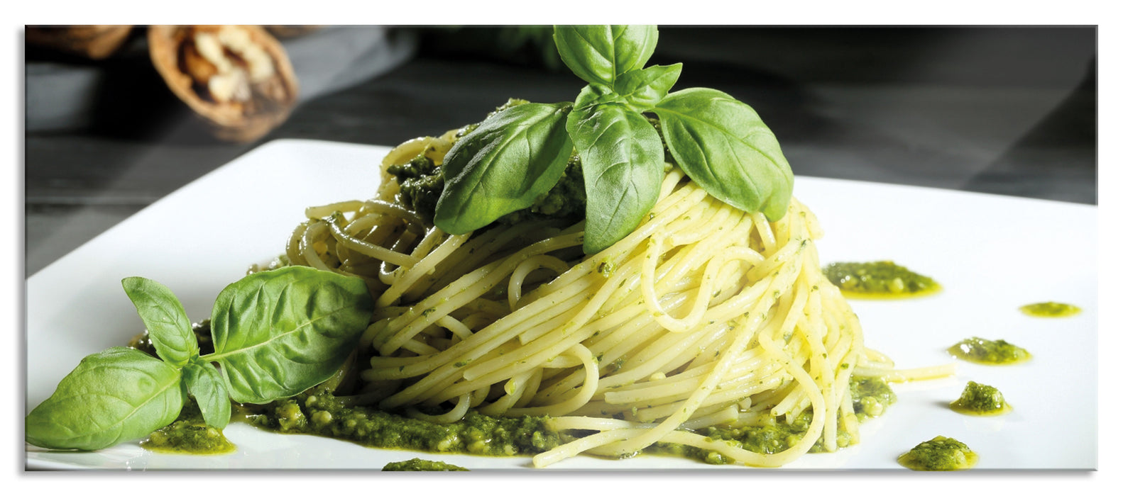 Pixxprint Spaghetti mit grünem Pesto, Glasbild Panorama