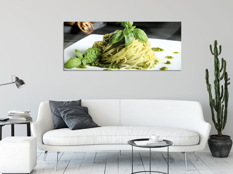 Spaghetti mit grünem Pesto, Glasbild Panorama