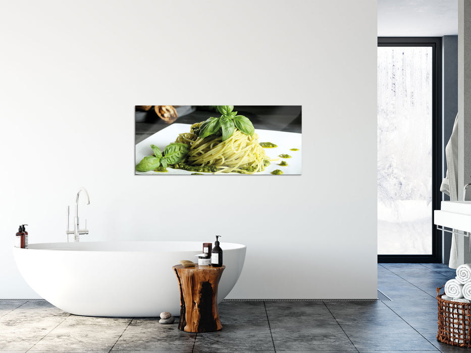 Spaghetti mit grünem Pesto, Glasbild Panorama