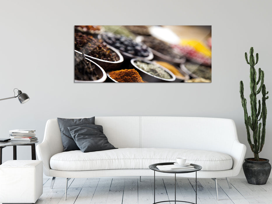 Gewürze auf Holztisch, Glasbild Panorama