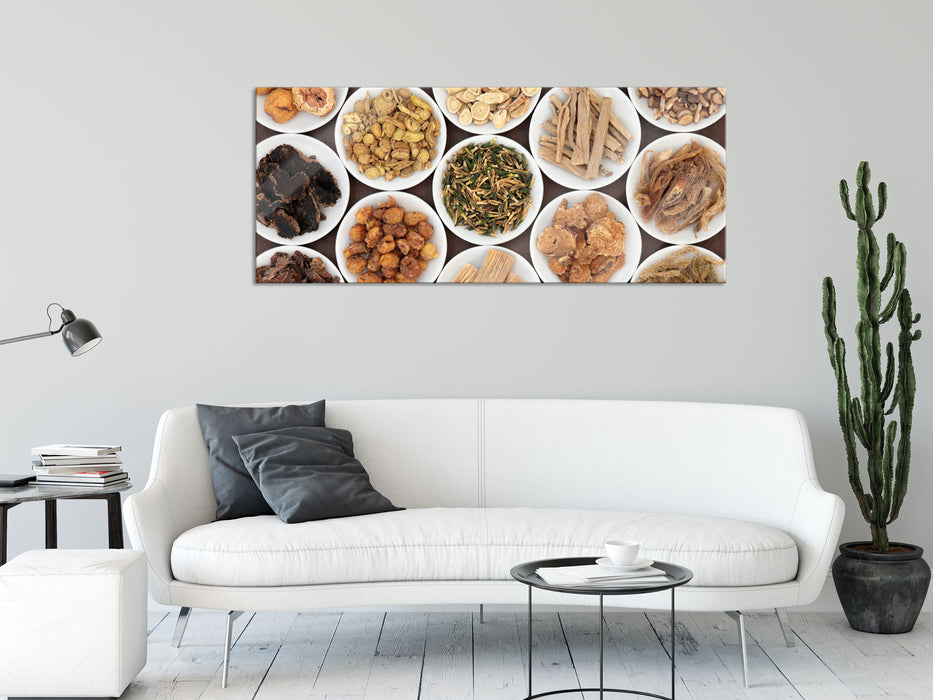 Gewürze in Schälchen, Glasbild Panorama