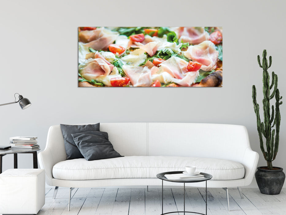 Pizza mit Parmaschinken, Glasbild Panorama